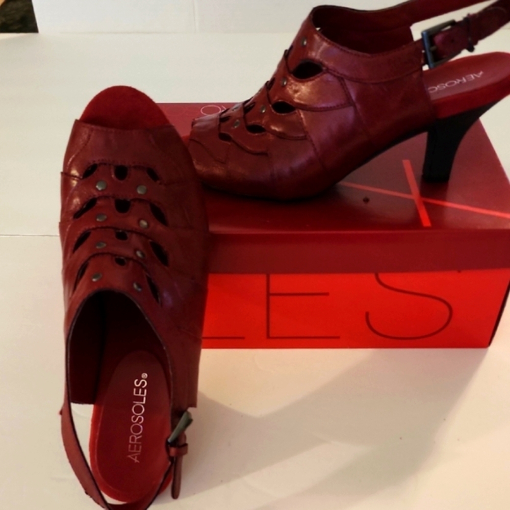 AEROSOLES Red Heels with T-Strap and Perforated Design
